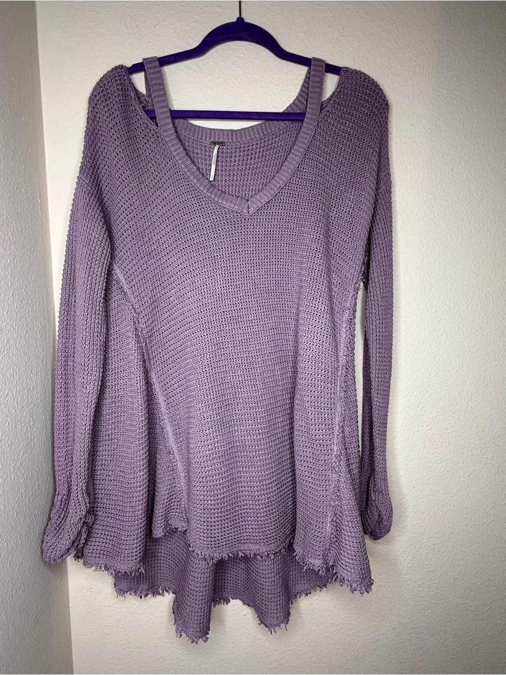 Free People Lavender Cold-Shoulder V-Neck Waffle Knit Sweater